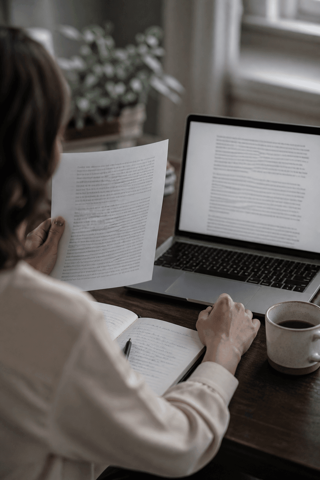 A marketing manager comparing a printed content draft against a laptop screen.
