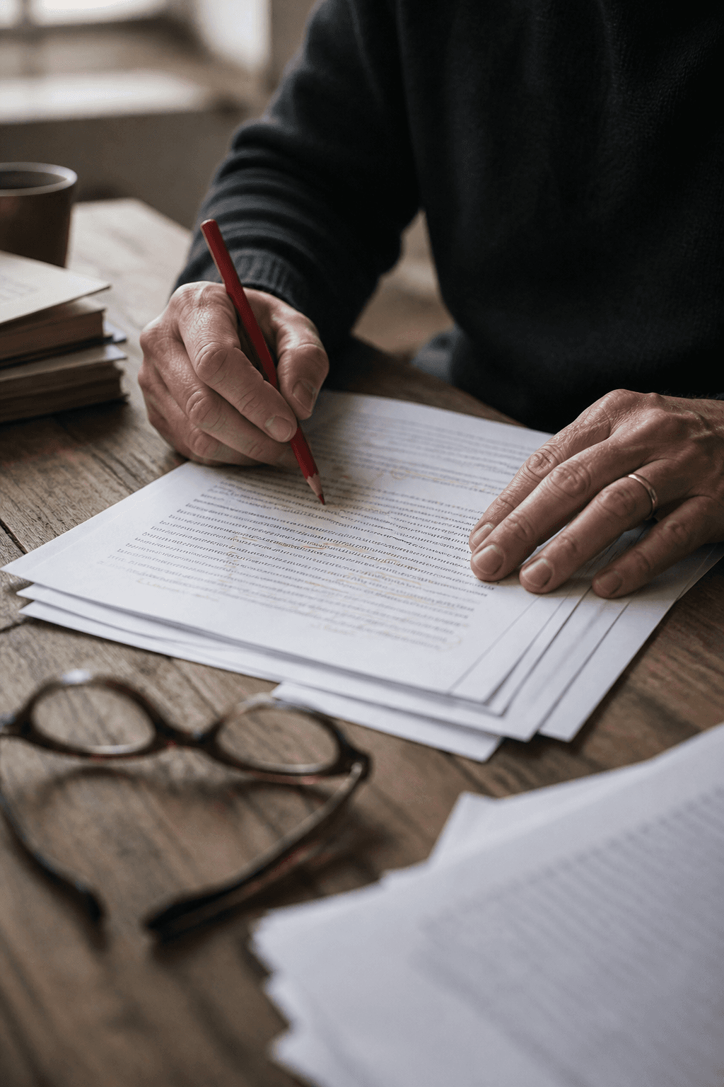 An editor marking up a printed manuscript draft with a red pencil.