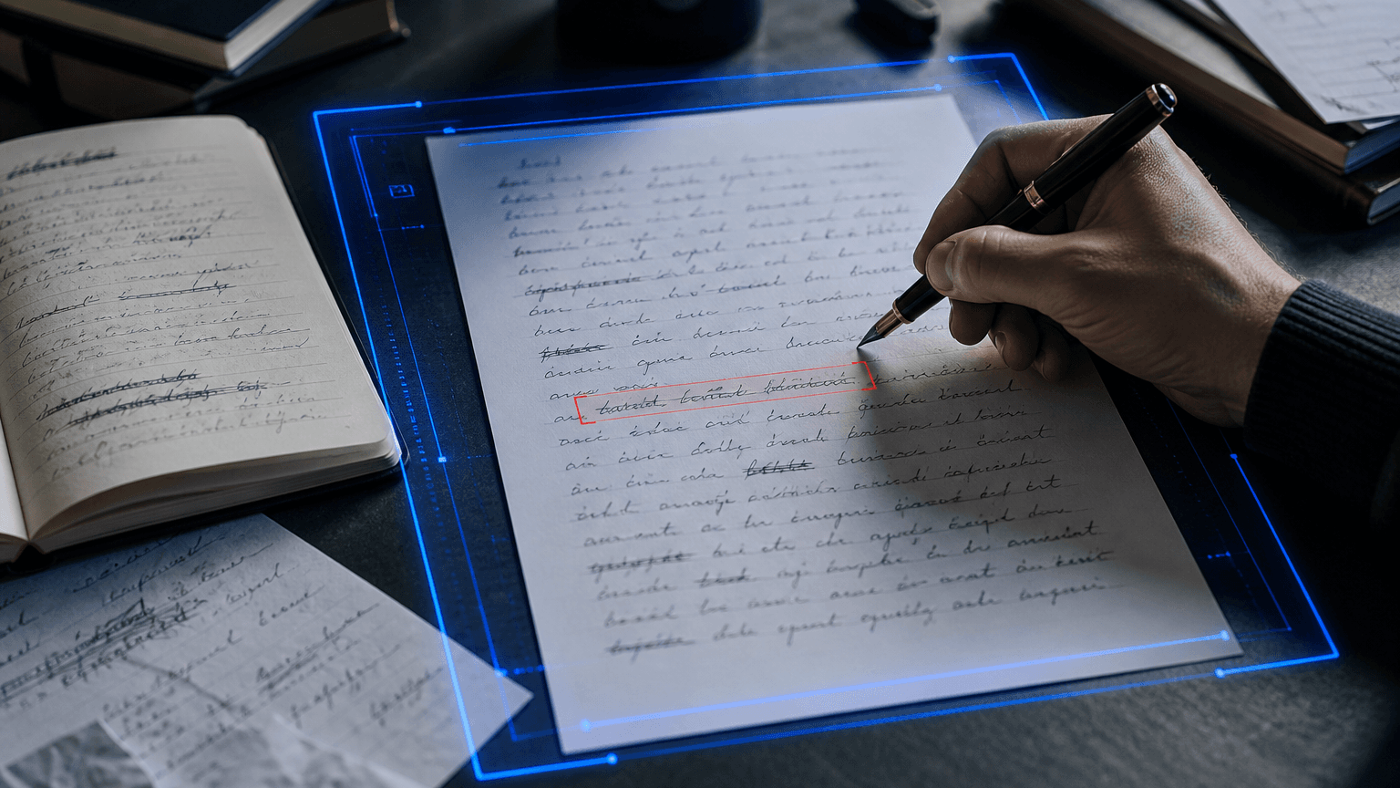 A writer at a desk reviewing a draft, representing human writing wrongly flagged by AI detectors.