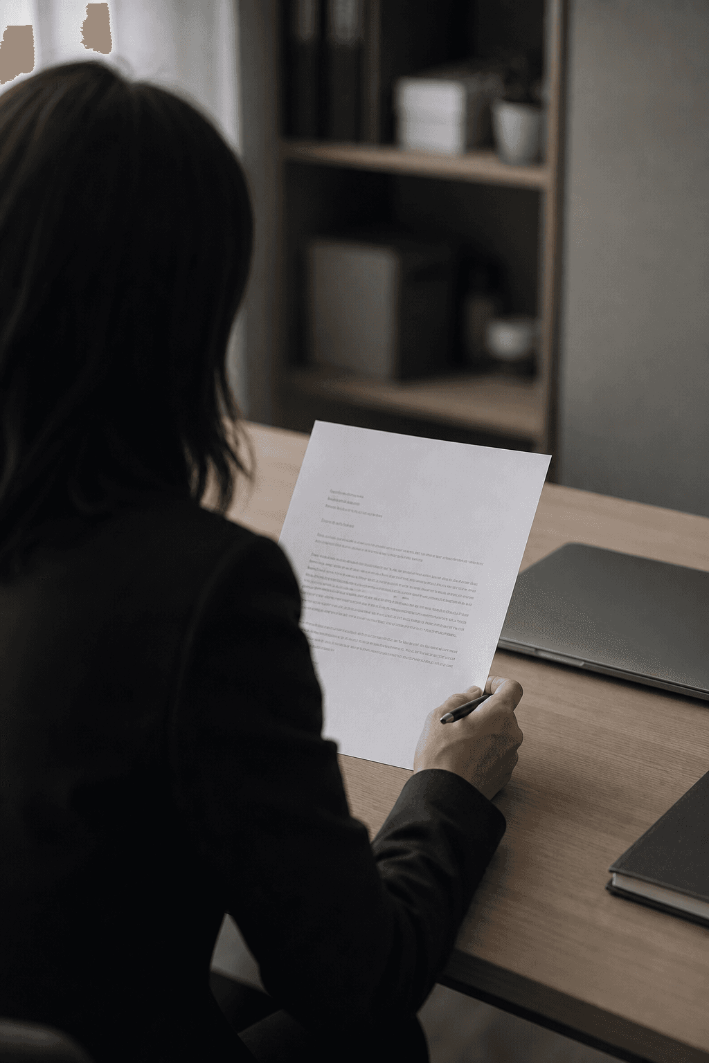A hiring manager at a desk reviewing a printed cover letter with a pen in hand.
