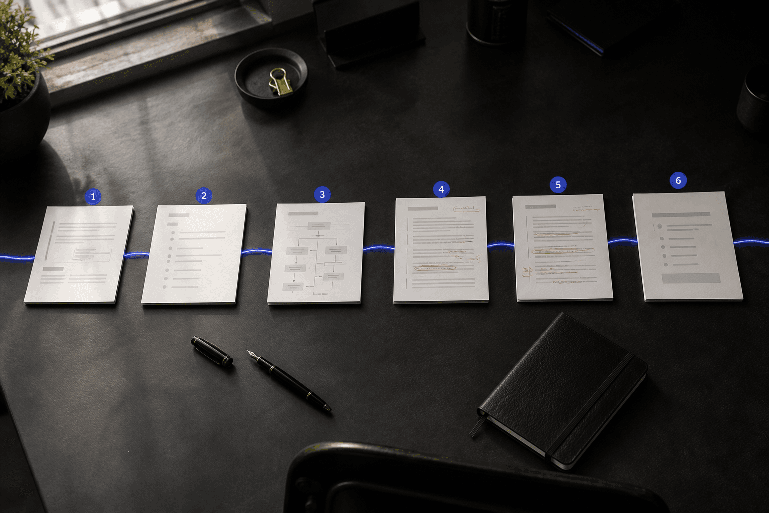 A content editor reviewing a writer's audit trail with notes, version history, and source links on screen.