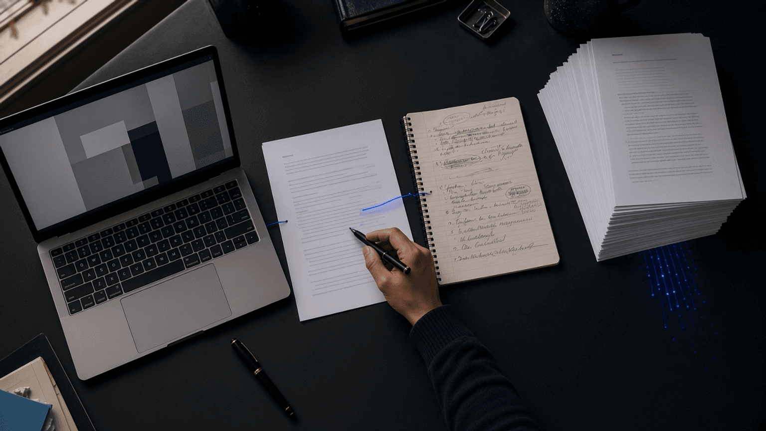 A content strategist reviews an edited article beside a laptop and a stack of repetitive pages.