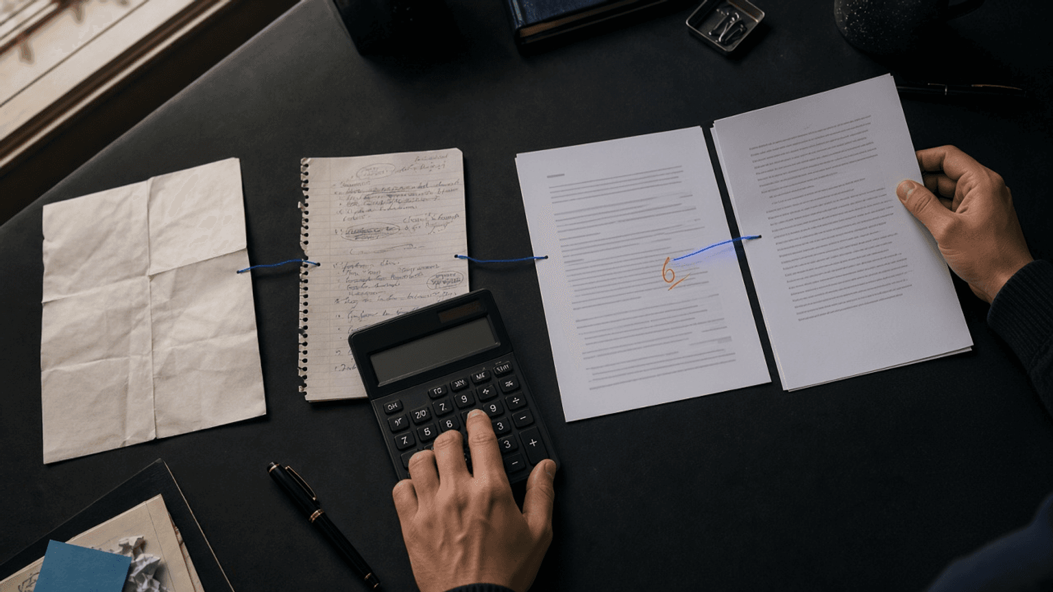 An editor checks a printed article against source documents using a calculator.