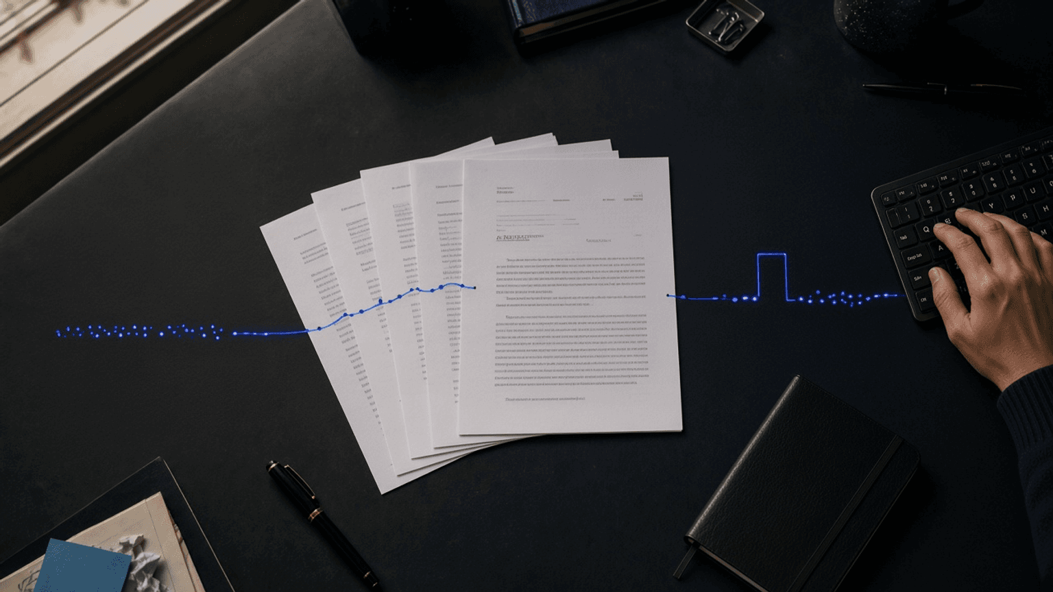A stack of document revisions connected to a keyboard by a timeline of writing activity.